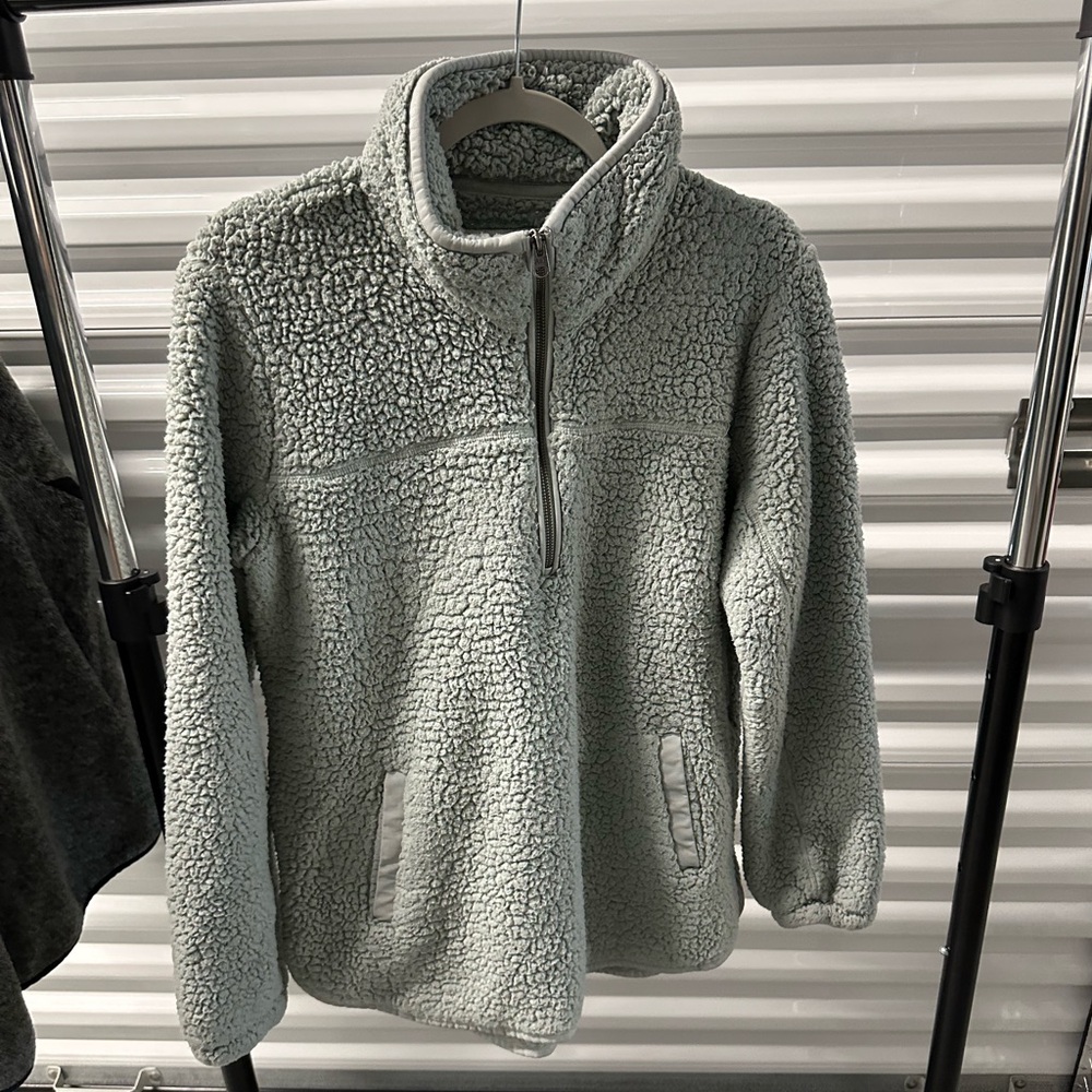 Abercrombie & Fitch Sherpa Half-Zip Faux Leather-Trim Sweatshirt